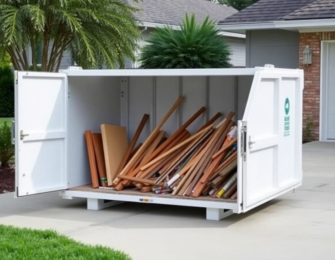 Crew placing a dumpster in a driveway