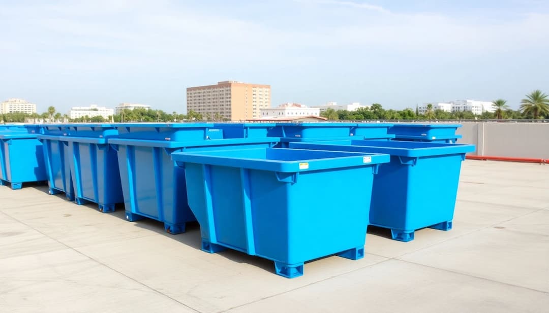 Row of roll-off dumpsters ready for delivery