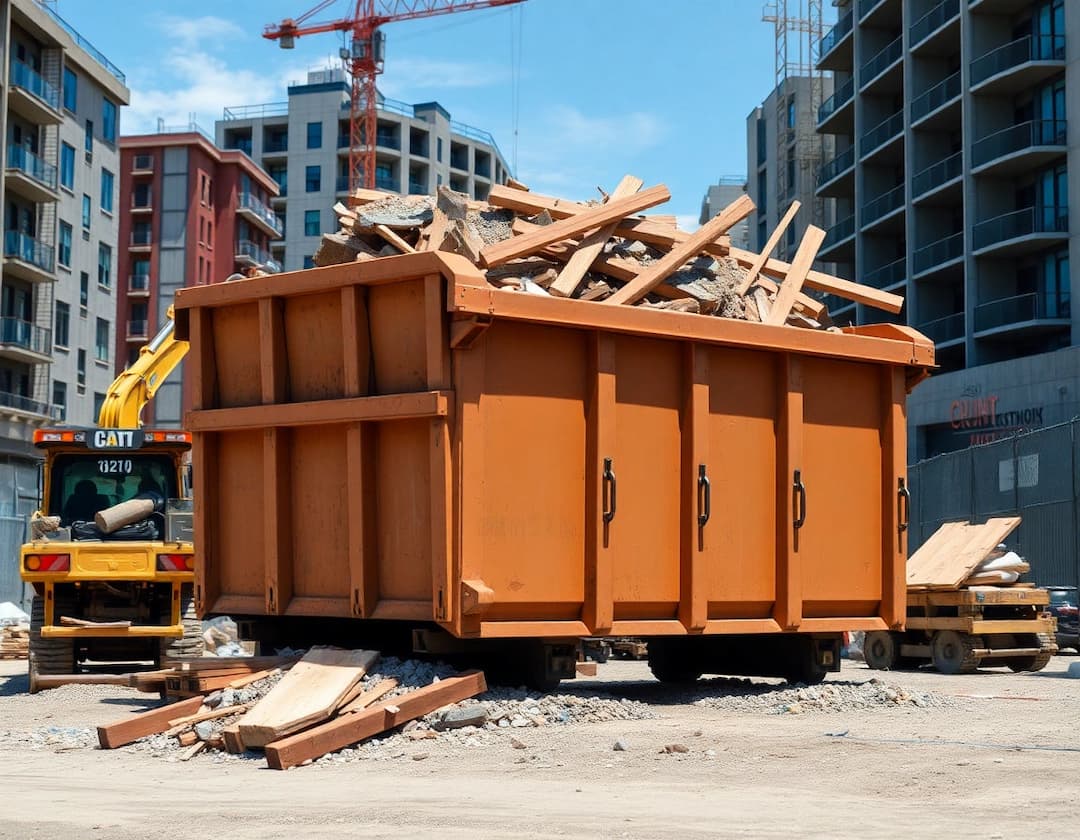 Construction dumpster filled with building debris